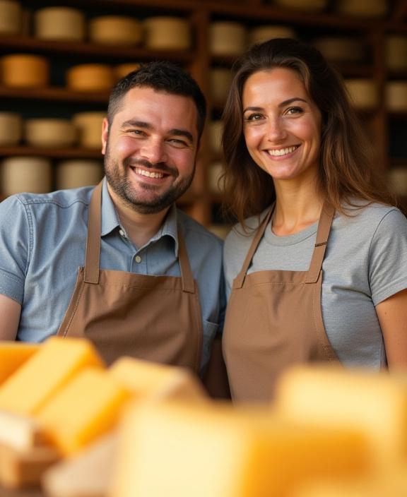 I proprietari di Pianeta Gusto sorridono dietro al banco dei formaggi.