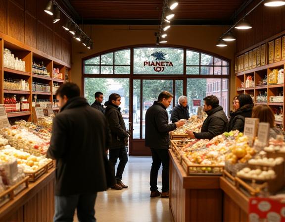 Vista interna del mercato Pianeta Gusto con clienti.