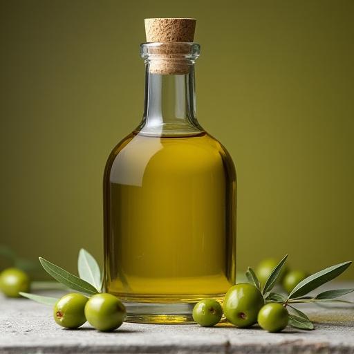 Bottiglia di olio extra vergine d'oliva ligure accanto a delle olive.